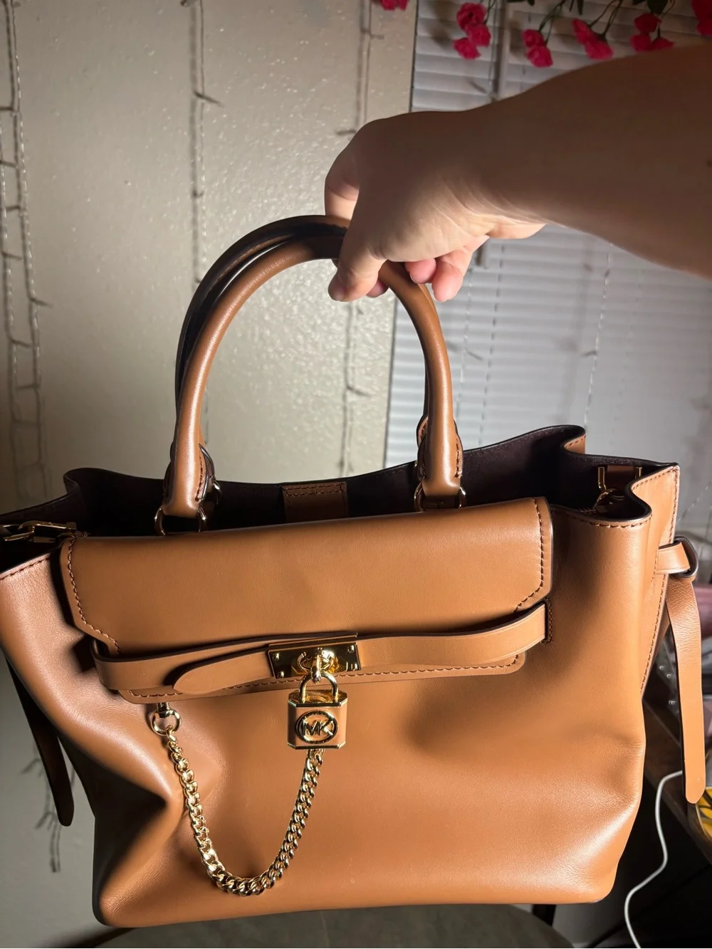 Michael Kors Camel Leather Satchel with Gold Chain Accent